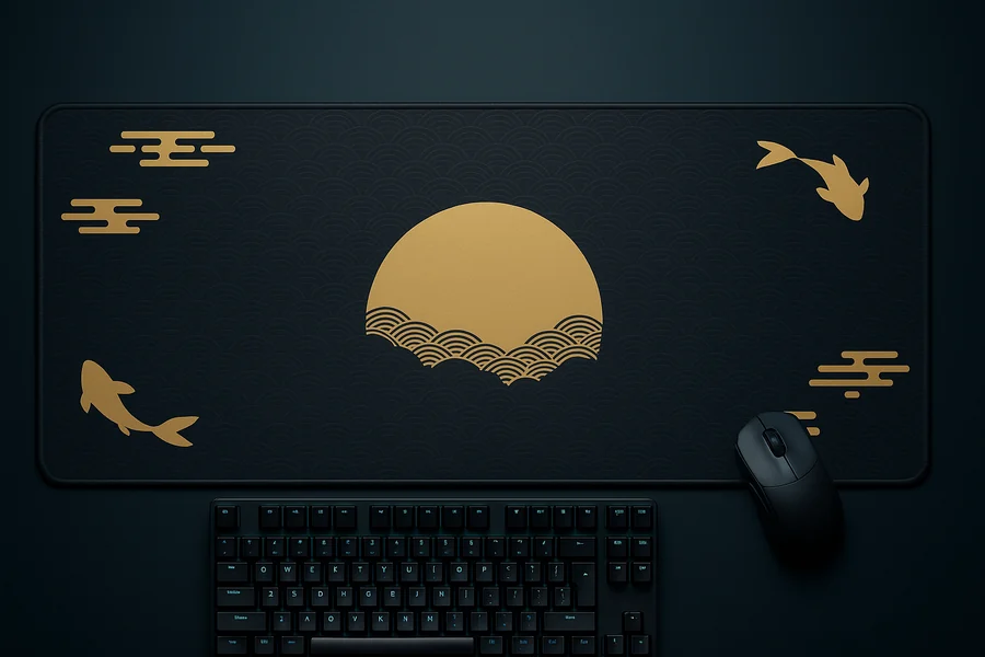 XXL gaming desk mat, 36x16 inches, Golden Moon & Koi design under a keyboard and mouse on a dark gaming setup