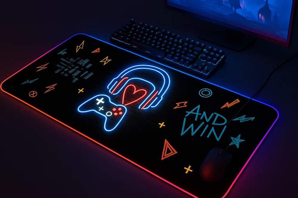 Neon-lit gaming setup with an XXL Deskforge desk mat under the keyboard, mouse, and headset