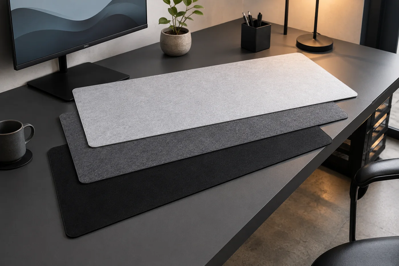 Three plain desk mats layered on a dark desk — light gray on top, charcoal gray and black underneath — with each mat edge and its fabric texture visible
