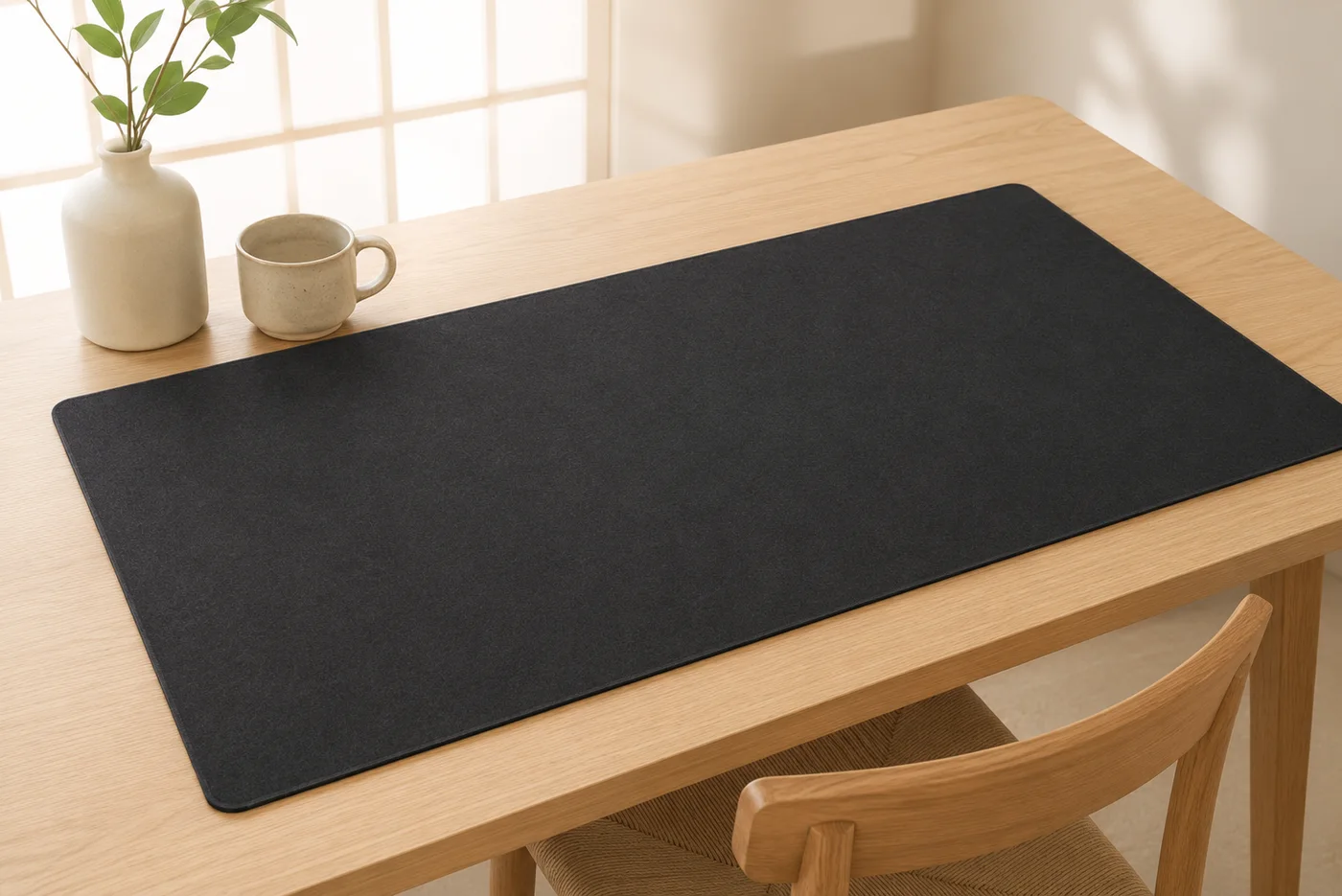Black XXL desk mat laid across a light oak table, with a ceramic mug and a vase standing on the bare wood just past the mat's left edge