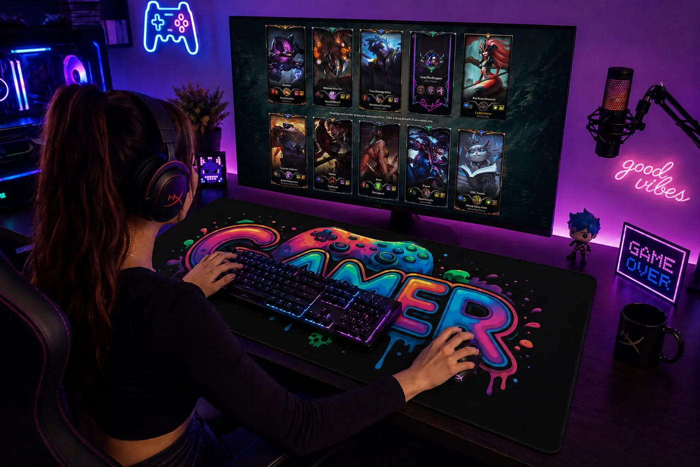 Player wearing a headset at a neon-lit desk, hands on keyboard and mouse over the colorful GAMER graffiti XXL desk mat