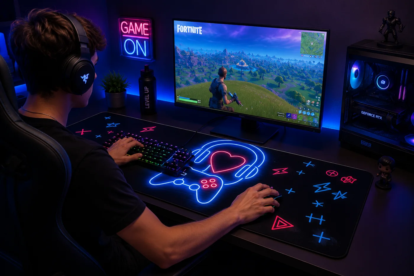 Player in a headset at a blue-lit desk, keyboard and mouse on a neon doodle desk mat printed with an outlined controller, headphones and a heart