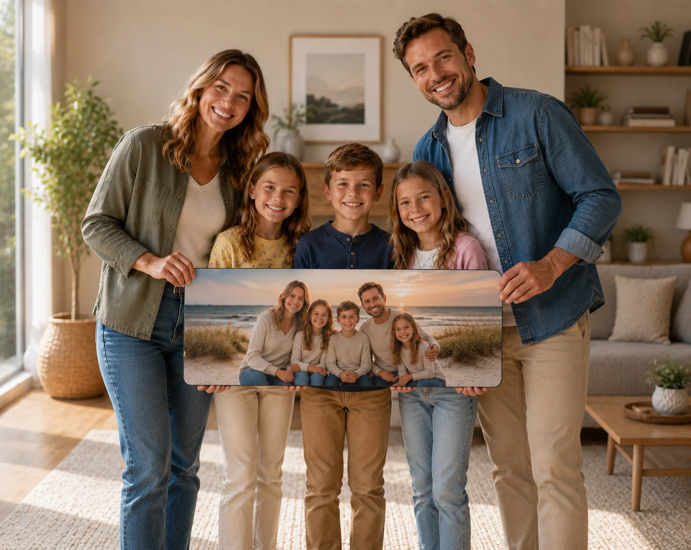 A family of five standing in their living room holding up a custom XXL desk mat printed with a photo of the same family sitting on a beach at sunset
