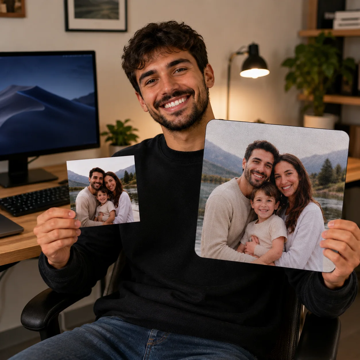 A smiling man at his desk holding up two custom mouse pads printed with the same family photo, a smaller one in his right hand and a larger one in his left