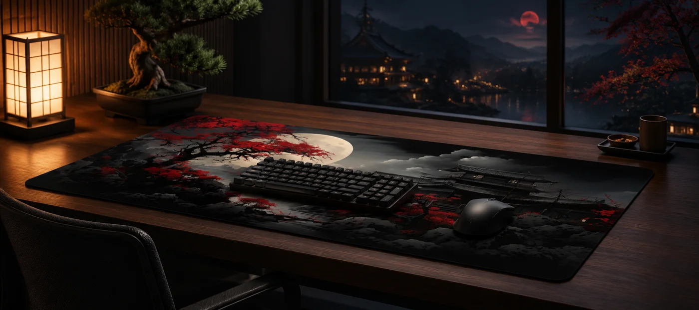 Japanese desk mat printed with a full moon behind a red-blossom tree and a dark temple among clouds, keyboard and mouse in place on a wooden desk lit by a paper lantern at night