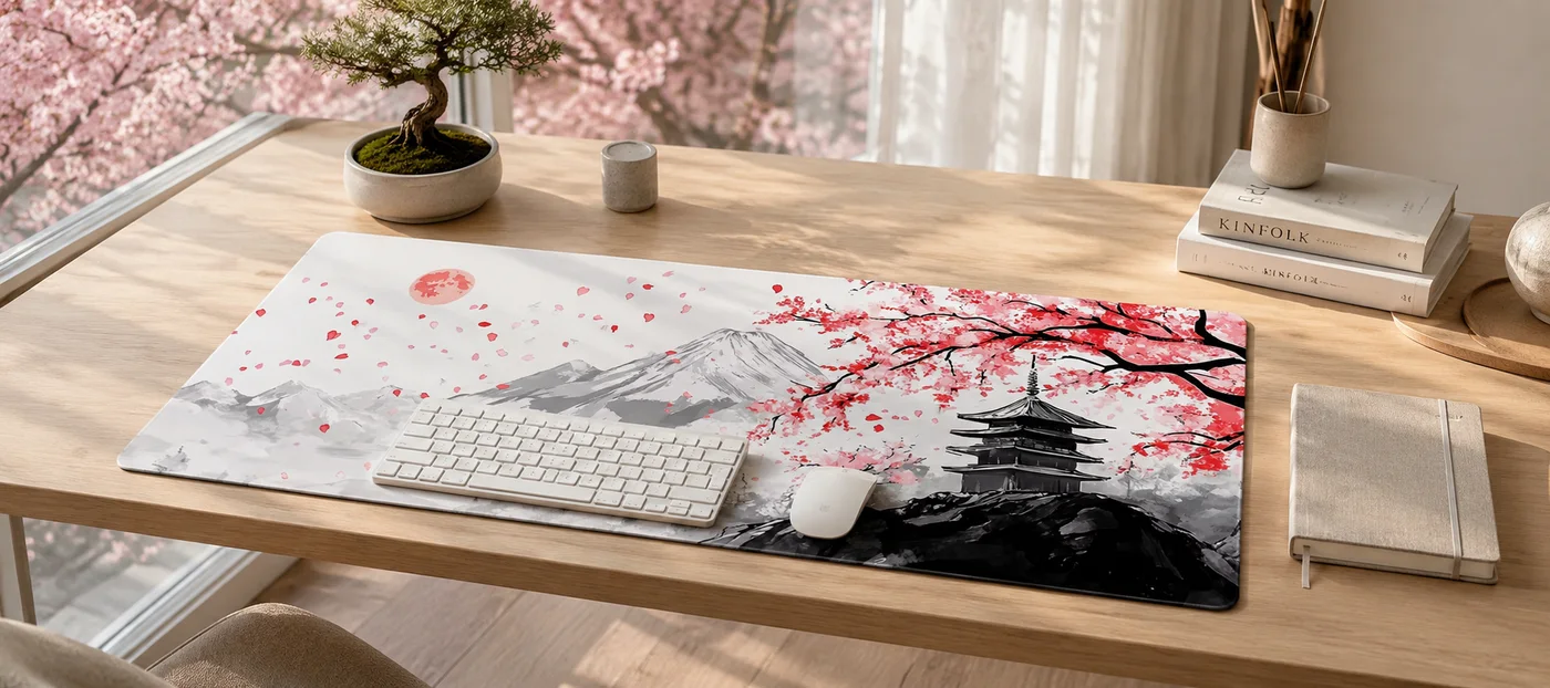 Japanese desk mat printed with an ink-wash Mount Fuji, a red sun and falling petals on the left and a pink cherry tree over a black pagoda on the right, with a white keyboard and mouse on it