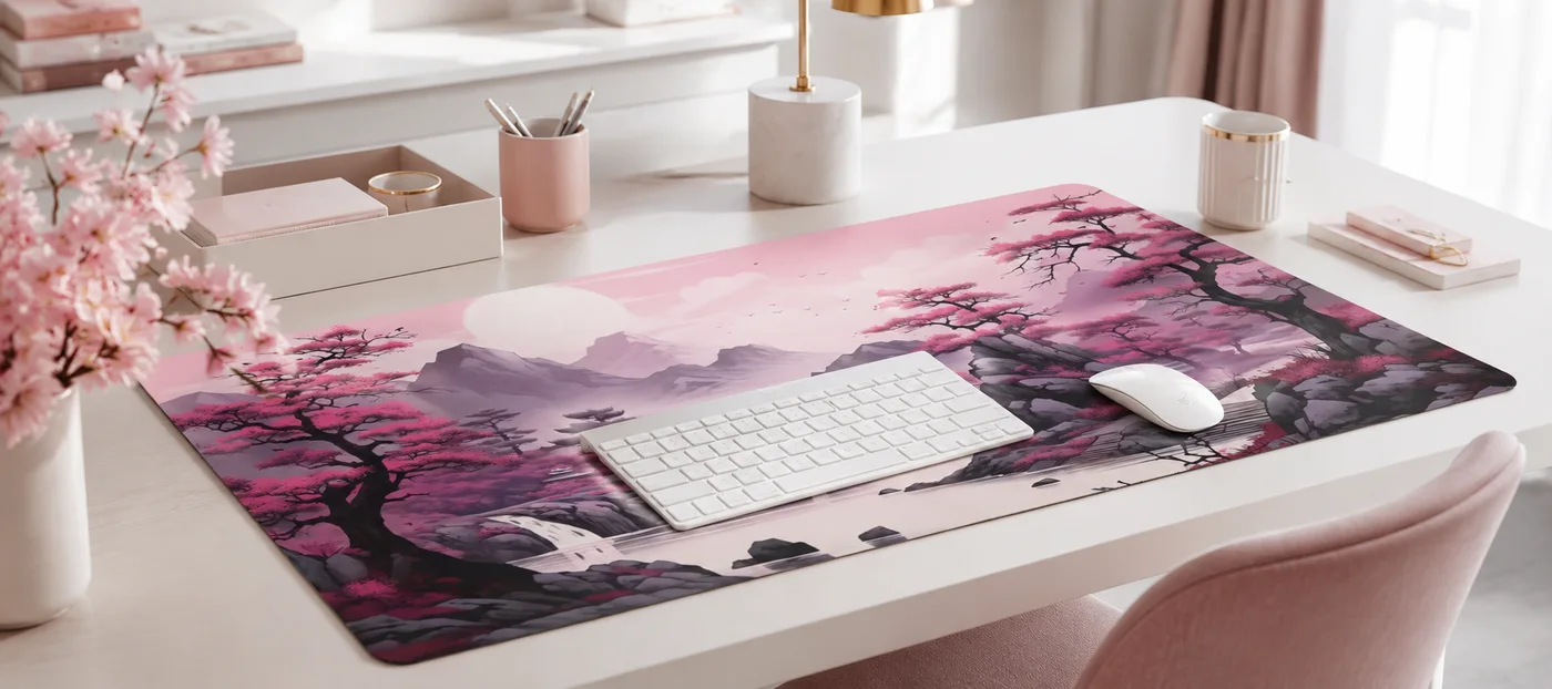 Pink cherry blossom desk mat spread across a white desk with a slim white keyboard and mouse, beside a vase of pink blossoms