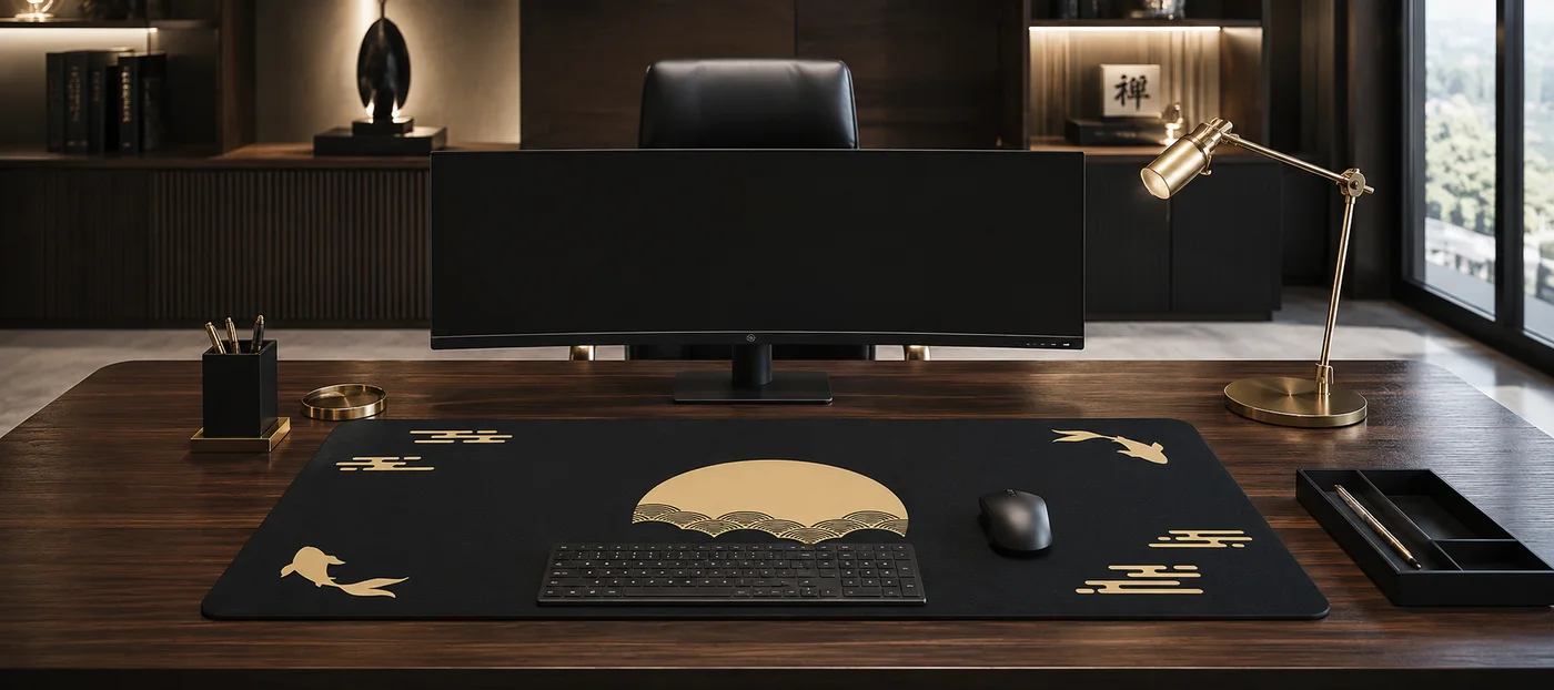 Golden Moon and Koi desk mat on a dark wood desk: two gold koi and gold cloud motifs around a gold moon filled with wave arcs, black keyboard and mouse in place under an ultrawide monitor
