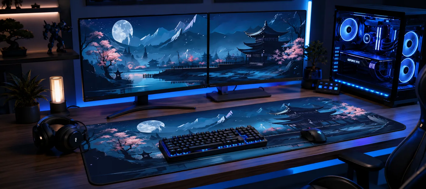 Cloth desk mat printed with a moonlit pagoda and cherry blossoms in blue, on a dual-monitor setup whose wallpapers and RGB-lit PC match the artwork
