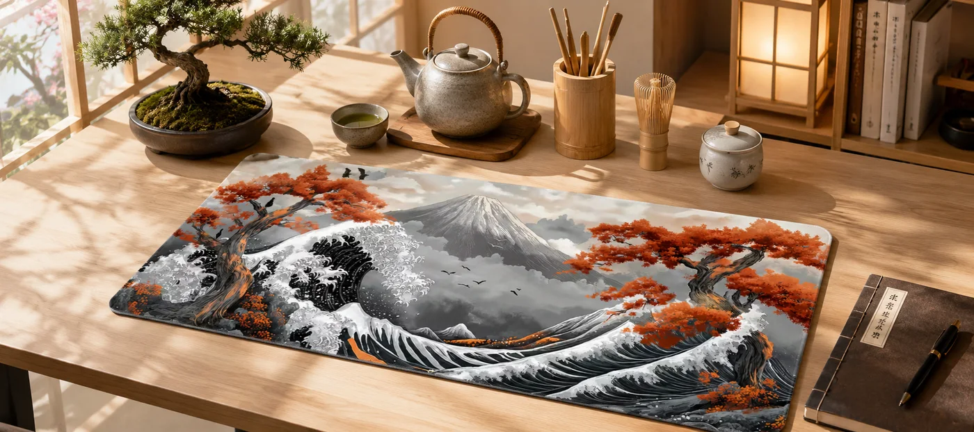 Great Wave and Fuji desk mat laid on a light wood desk: a breaking wave and Mount Fuji in greyscale framed by orange maple branches, beside a teapot, a matcha whisk and a bonsai