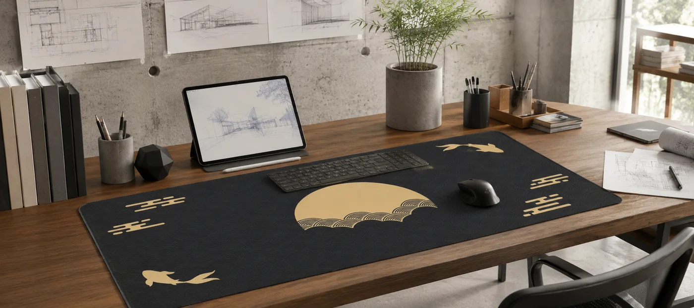 Black desk mat printed with a golden moon and gold koi fish on a walnut desk, holding a slim keyboard and mouse next to a tablet, books and a pencil cup