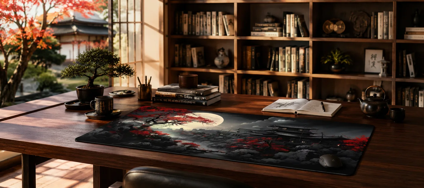 Japanese desk mat with a large moon, a red maple in bloom and a dark temple silhouette, laid on a wooden desk with an open notebook, a teapot and a bonsai in front of a bookshelf