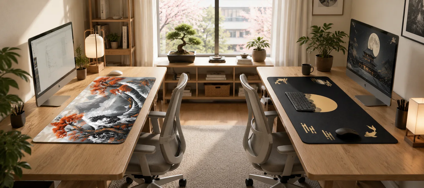 Two facing desks in a bright office, one with an orange and grey great wave desk mat, the other with a black and gold moon and koi mat under a keyboard and mouse