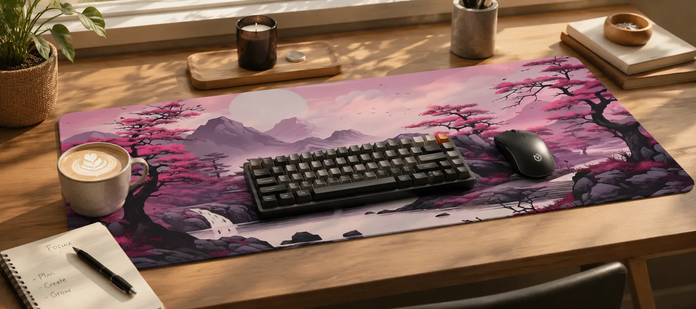 Cherry blossom desk mat in pink and purple tones showing blossoming trees, mountains and a waterfall under a pale sun, with a mechanical keyboard and mouse on it and a latte beside it