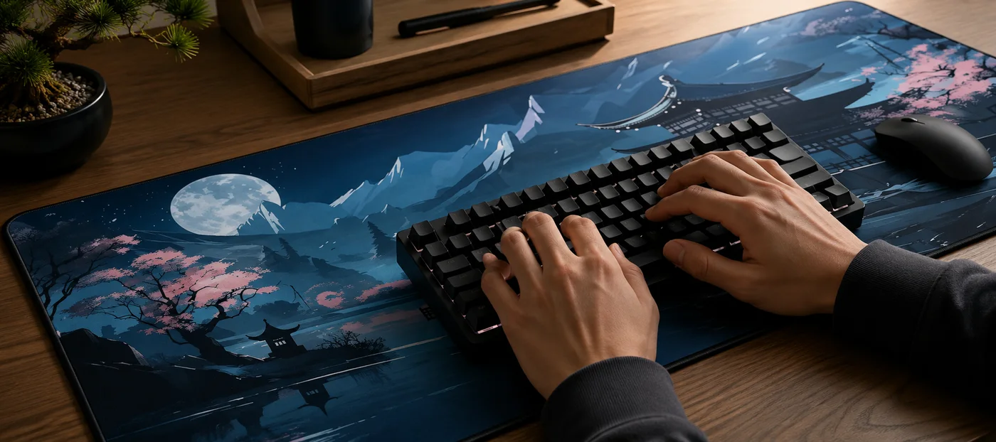 Hands typing on a black mechanical keyboard sitting on a deep blue XXL desk mat printed with a full moon, cherry blossoms and a pagoda, mouse on the right