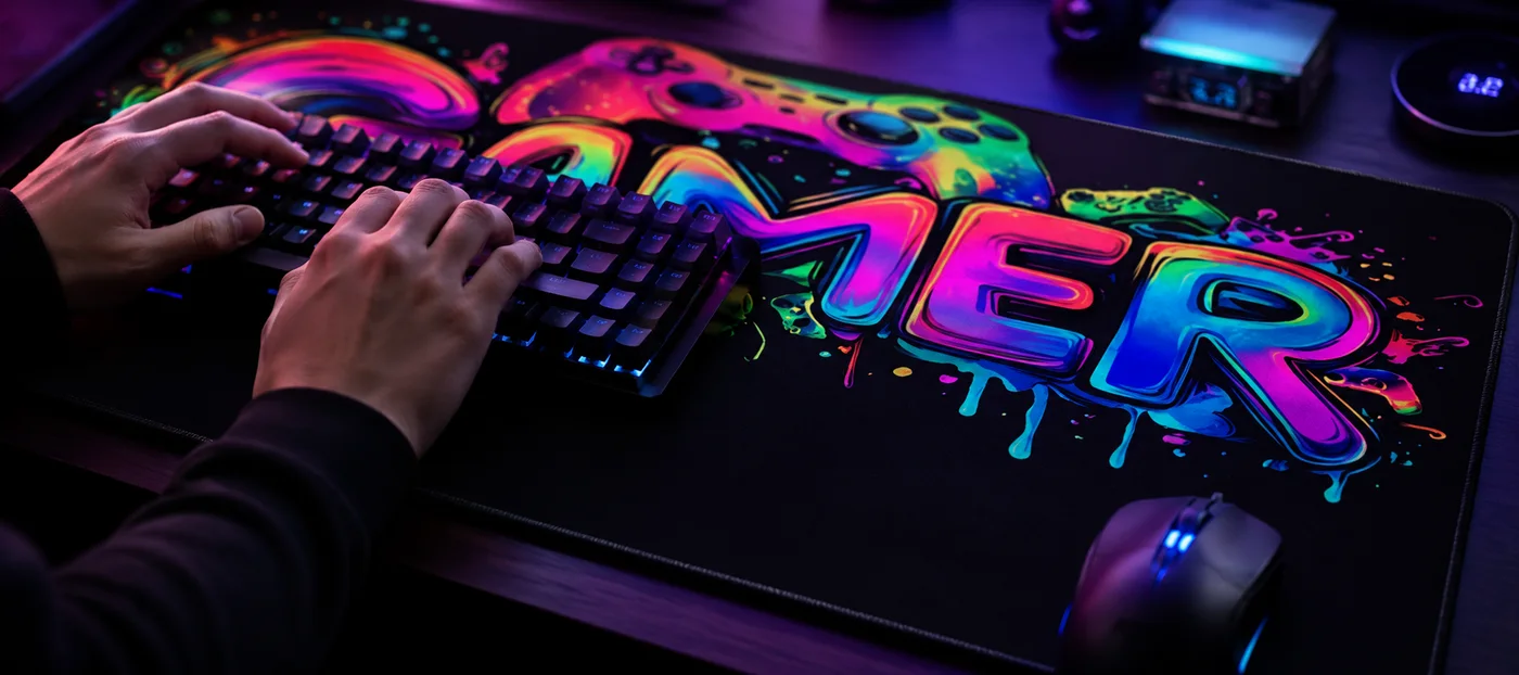 Close-up of hands typing on a mechanical keyboard resting on the neon GAMER graffiti XXL desk mat, with the mouse on the stitched right side