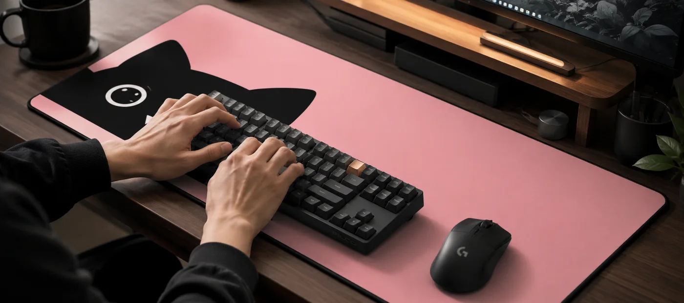 Hands typing on a black mechanical keyboard resting on a pink XXL desk mat printed with a large black cat face, a wireless mouse beside it on a dark wood desk