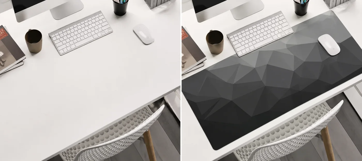 Before and after on the same white desk: on the left the bare desktop with a keyboard and mouse, on the right the Origami Grey mat with its low-poly grey facets covering the whole working area