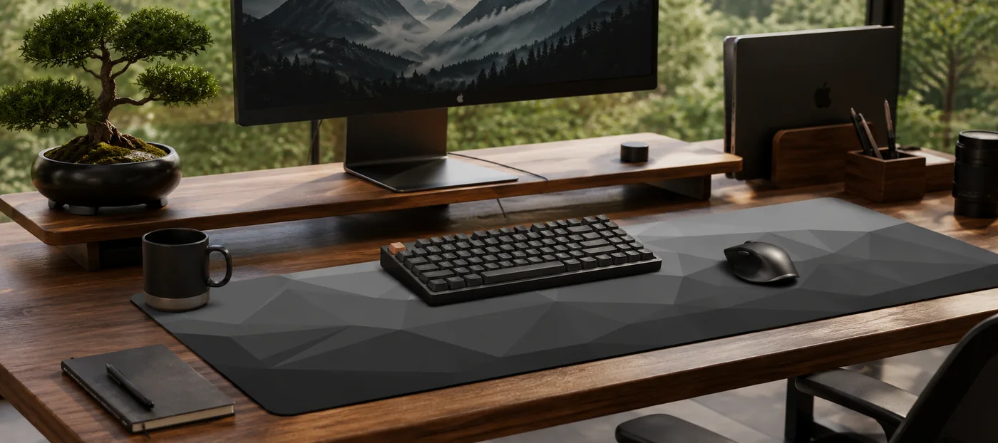 Origami Grey desk mat with low-poly triangle facets on a walnut desk, holding a black mechanical keyboard and mouse under a monitor and a bonsai