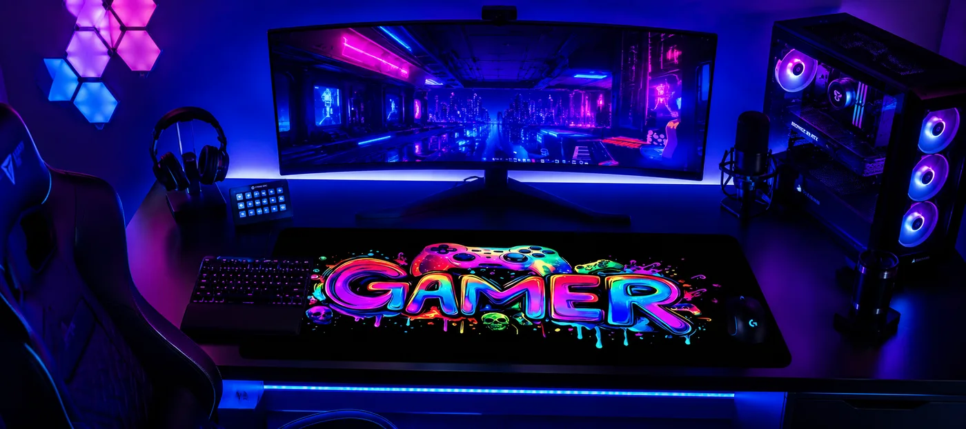 Neon GAMER graffiti desk mat on a dark battlestation with an ultrawide curved monitor, RGB tower, microphone and purple wall lighting