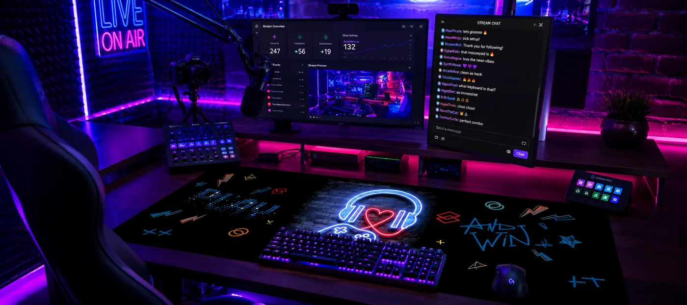 Streaming desk at night with two monitors showing a stream dashboard and live chat, keyboard and mouse on a neon doodle desk mat under pink and blue lighting