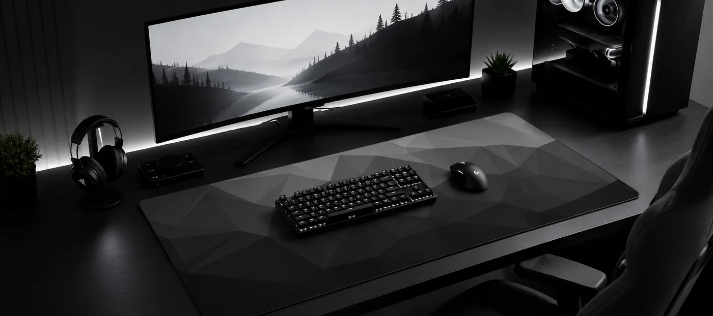 Origami Grey desk mat with low-poly triangular facets covering the desk under a mechanical keyboard and mouse, in a dark room with an ultrawide monitor and a headset stand