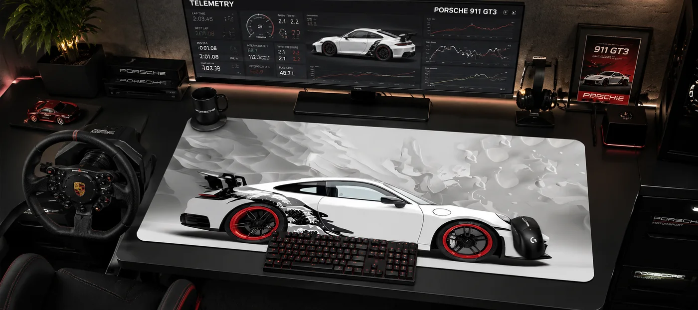 Sports car desk mat printed with a white race car, laid on a sim racing desk with a mechanical keyboard and mouse beside a steering wheel and telemetry screen