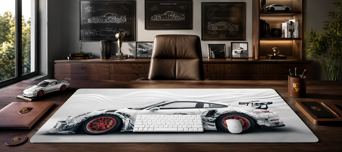 Sports car desk mat showing a white car with ink-marbled bodywork and red wheels in side profile, a white keyboard and mouse sitting on it, on a dark wood desk in an office hung with car blueprints