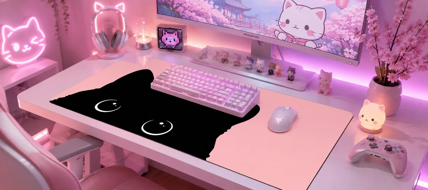 Pink-lit gaming corner: a pale pink XXL desk mat with a big black cat silhouette, a white backlit keyboard and mouse on top, cat figurines, a neon cat sign and pink blossom branches around it