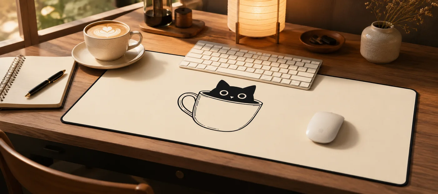 Cream desk mat printed with a line-drawn cup and a black cat, holding a white keyboard and mouse, on a wooden desk where a latte cup sits directly on the bare wood beside the mat