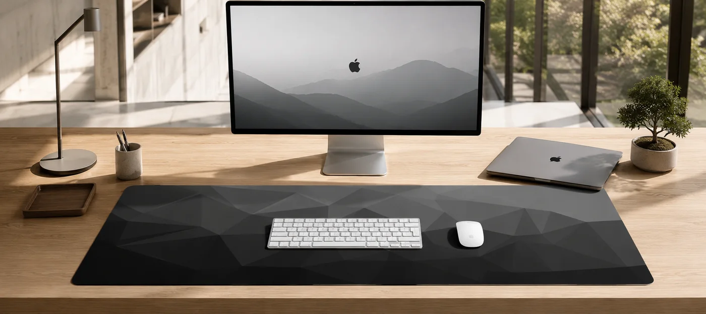 Origami Grey desk mat with low-poly grey facets running the full width of a light wood desk, a compact white keyboard and white mouse centered on it