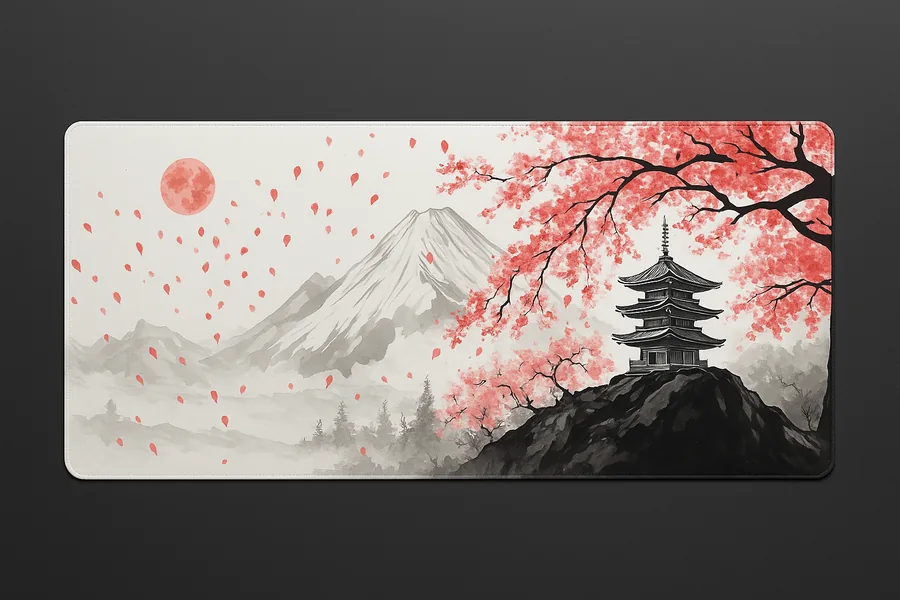Ink Cherry & Fuji — XXL gaming desk mat, 36x16 inches