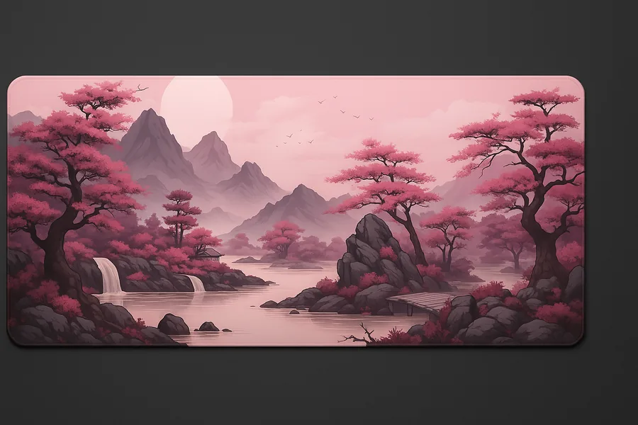 Pink Cherry Blossoms — XXL gaming desk mat, 36x16 inches