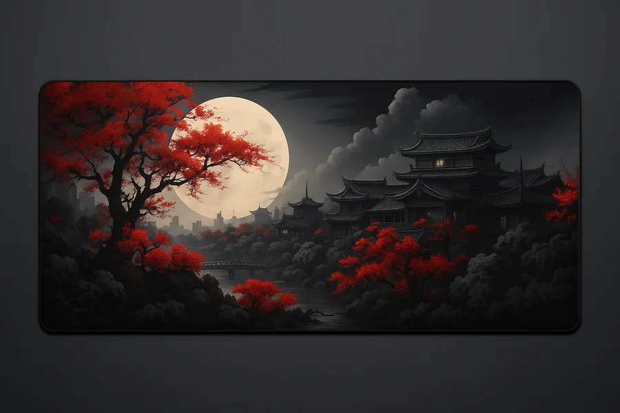 Scarlet Pagoda — XXL gaming desk mat, 36x16 inches