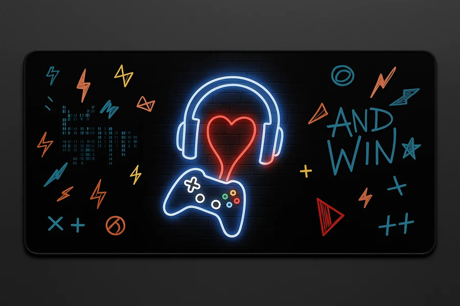 Neon Gamer Doodles — XXL gaming desk mat, 36x16 inches