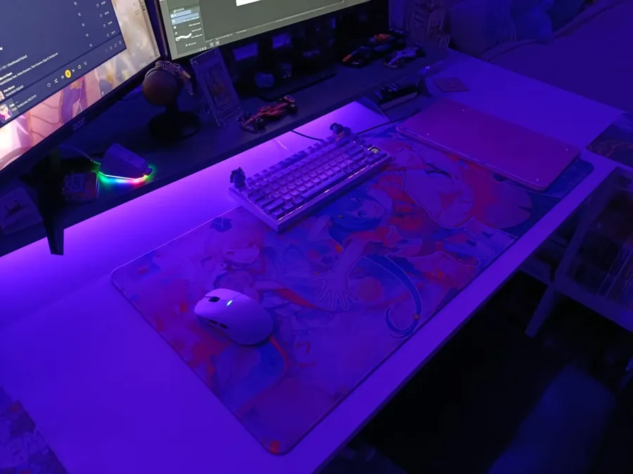 Custom XXL desk mat printed with the buyer's own artwork, RGB setup