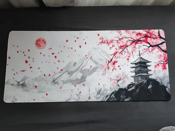 Ink Cherry and Fuji XXL desk mat laid flat, buyer photo