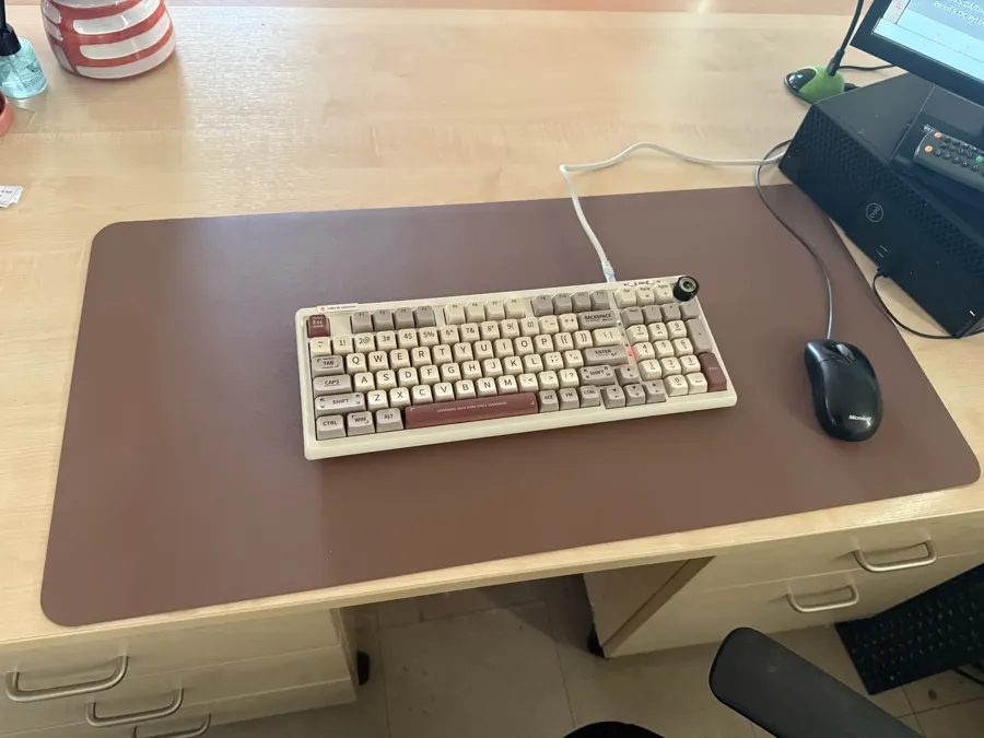Chocolate PU leather desk mat with keyboard and mouse, buyer photo