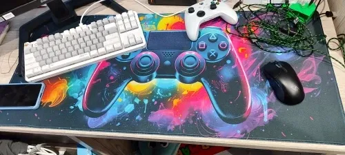 Neon gamer doodles mat with keyboard on top, buyer photo