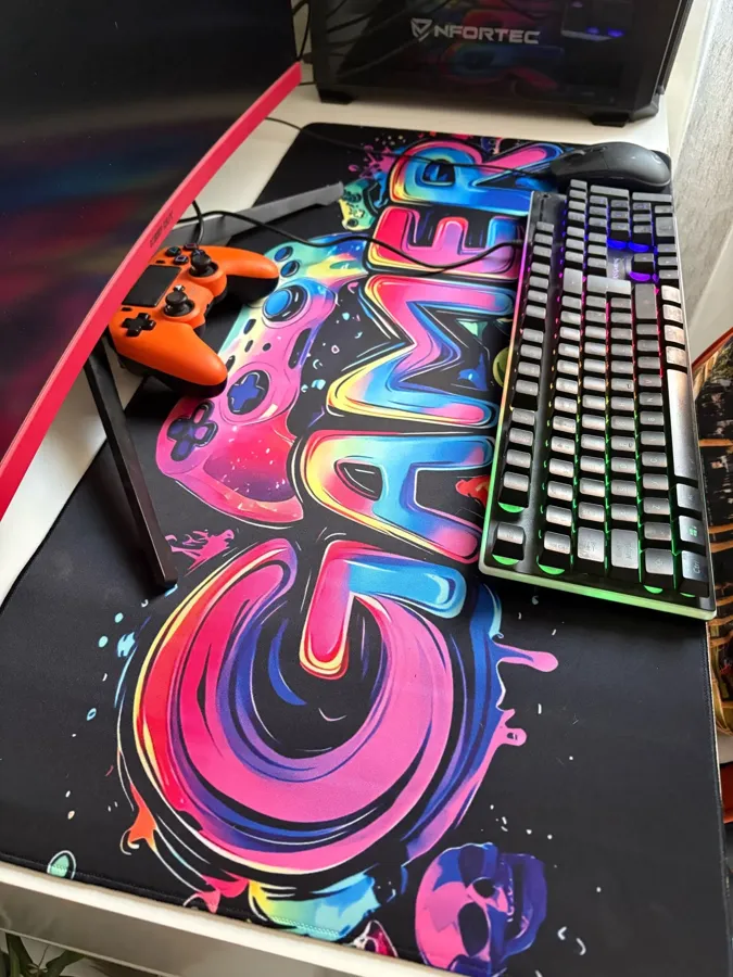 GAMER graffiti neon mat set up in a buyer's gaming room